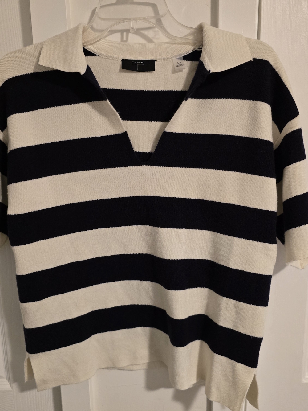 Tahari Navy and Cream V-Neck Striped Sweater